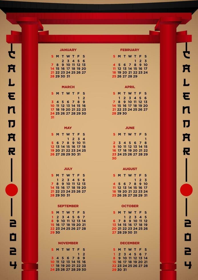 vektor mall kalender 2024 japansk Vinka teman