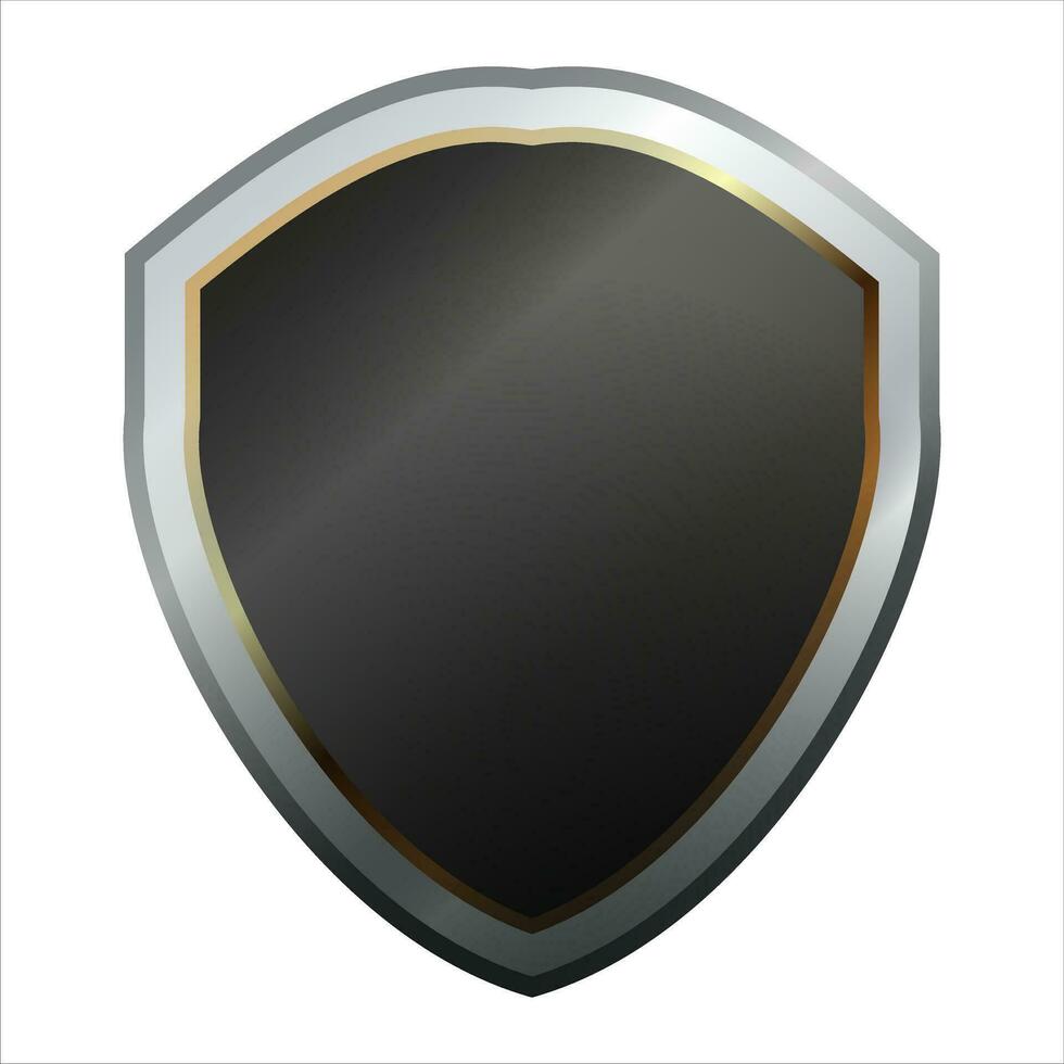 Schild Symbol mit glänzend Metall rahmen. schwarz Schutz, Sicherheit und Verteidigung Symbol. mittelalterlich Design Element. Vektor Schild Symbol