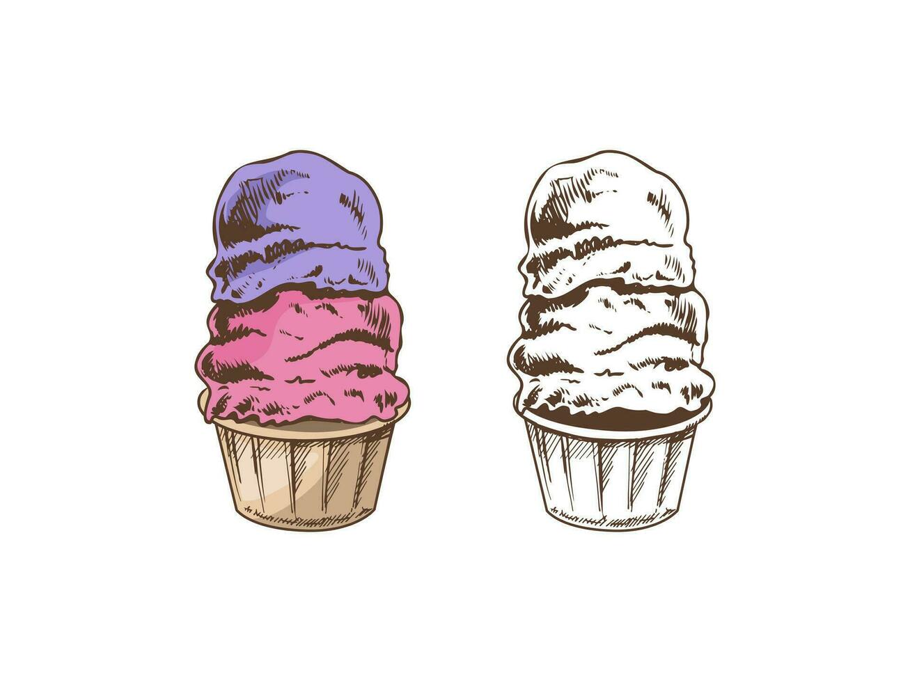 ein handgemalt farbig und einfarbig skizzieren von gefroren Joghurt oder Sanft Eis Creme, Cupcake im ein Tasse. Jahrgang Illustration. Element zum das Design von Etiketten, Verpackung und Postkarten. vektor