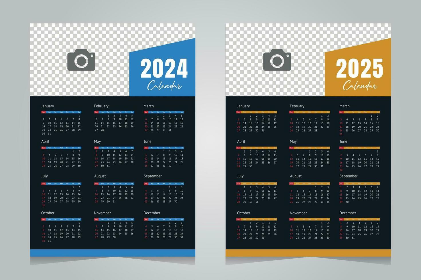 Mauer Kalender 2024 und 2025 Vorlage Design. Blau und Gelb Vertikale Kalender vektor