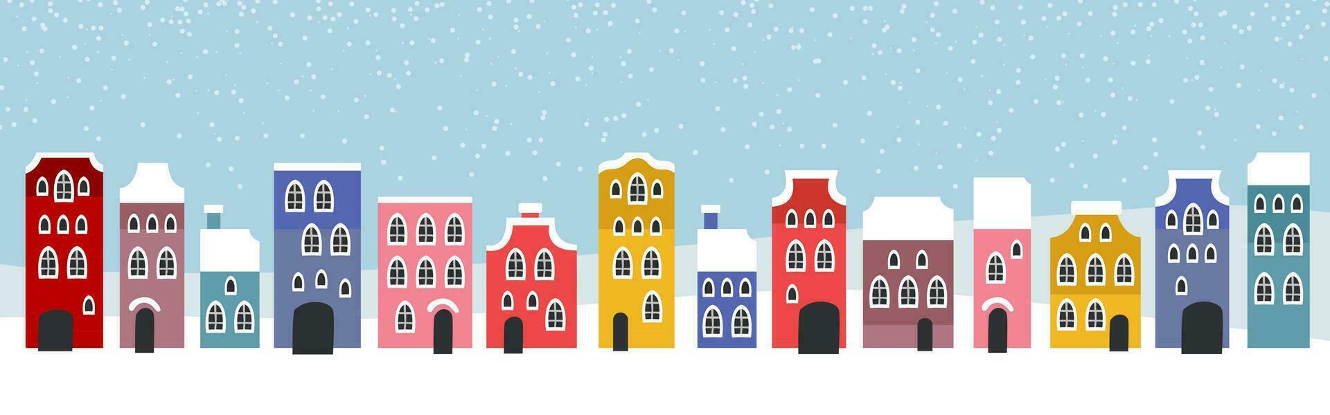 süß Weihnachten und Winter Häuser. schneebedeckt Nacht im gemütlich Weihnachten Stadt, Dorf Panorama. vektor