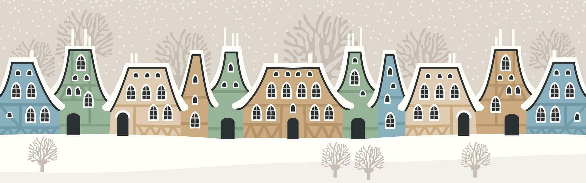 süß Weihnachten und Winter Häuser. schneebedeckt Nacht im gemütlich Weihnachten Stadt, Dorf Stadt Panorama. vektor