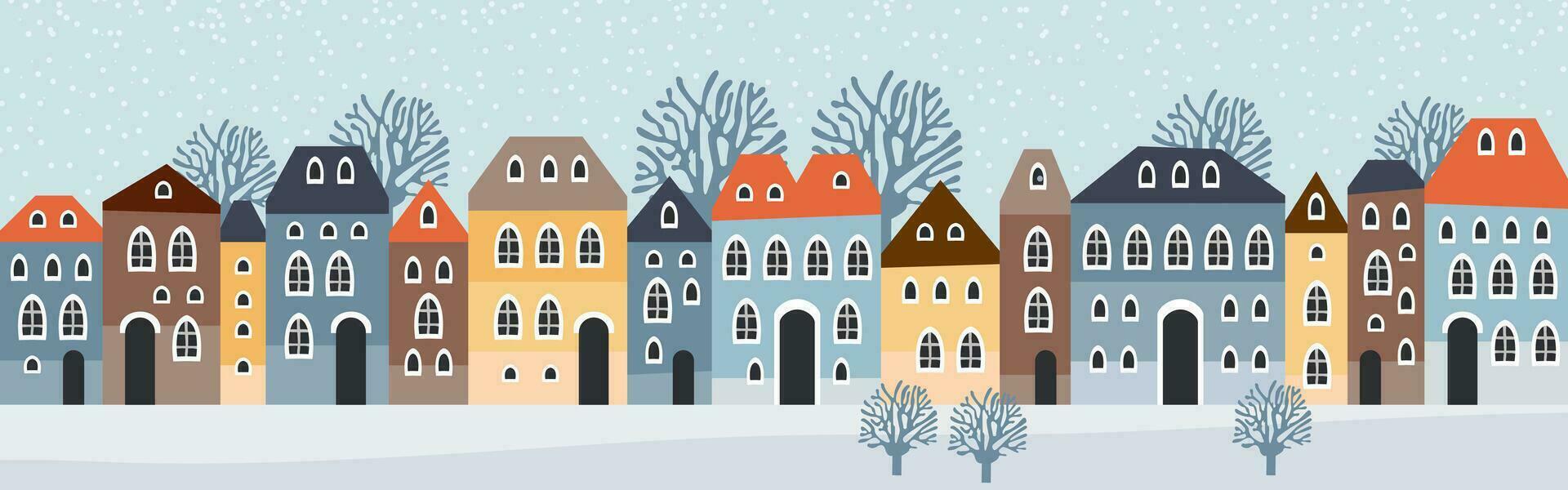 süß Weihnachten und Winter Häuser. schneebedeckt Nacht im gemütlich Weihnachten Stadt, Dorf Stadt Panorama. vektor