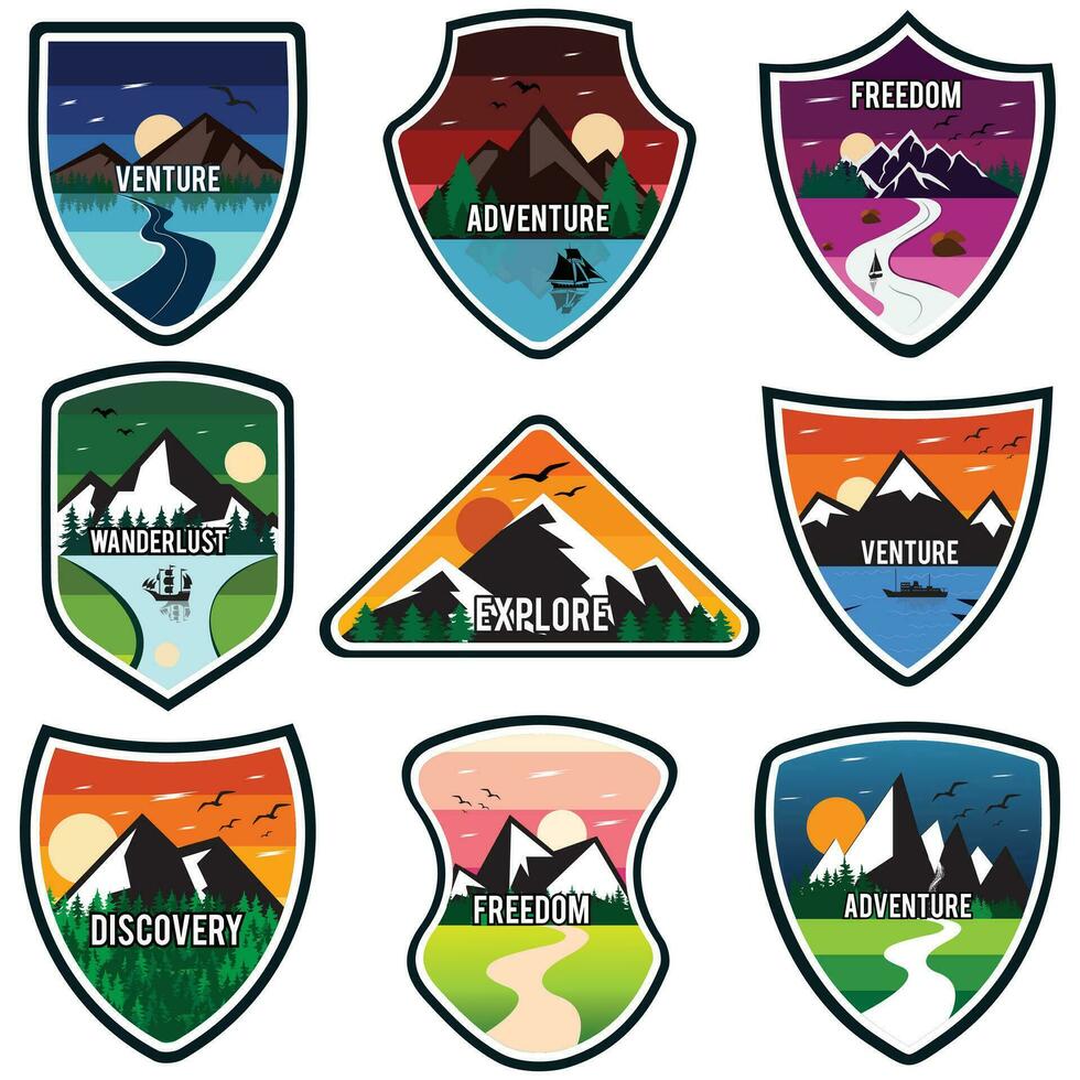 uppsättning av nio berg resa emblem. camping utomhus- äventyr emblem, bricka och logotyp lappa. berg turism, vandring. djungel läger märka i årgång style.enture, äventyr, frihet, vandringslust, utforska. vektor