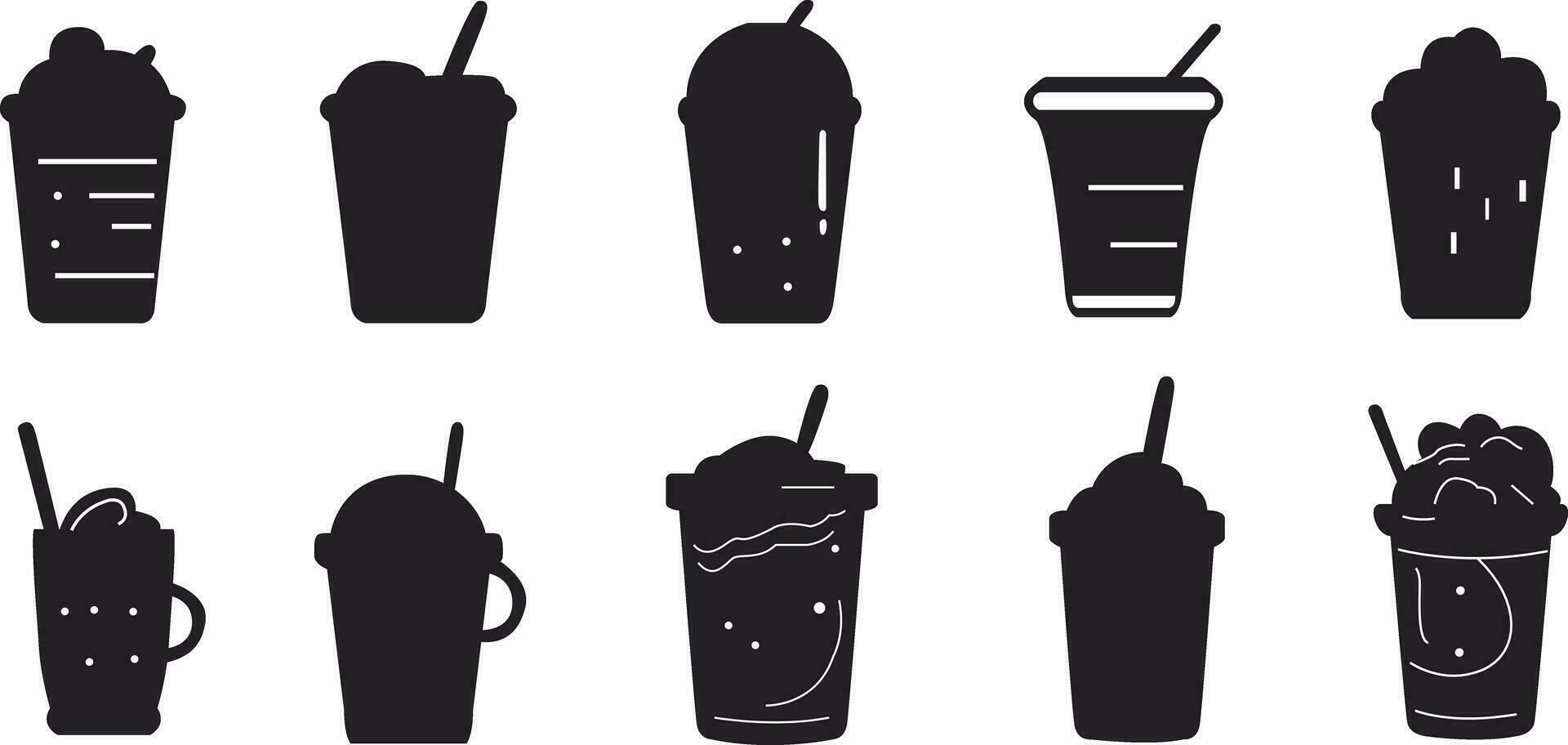 iced kaffe svart platt ikoner uppsättning. iced kaffe svart silhuetter uppsättning. vektor illustration