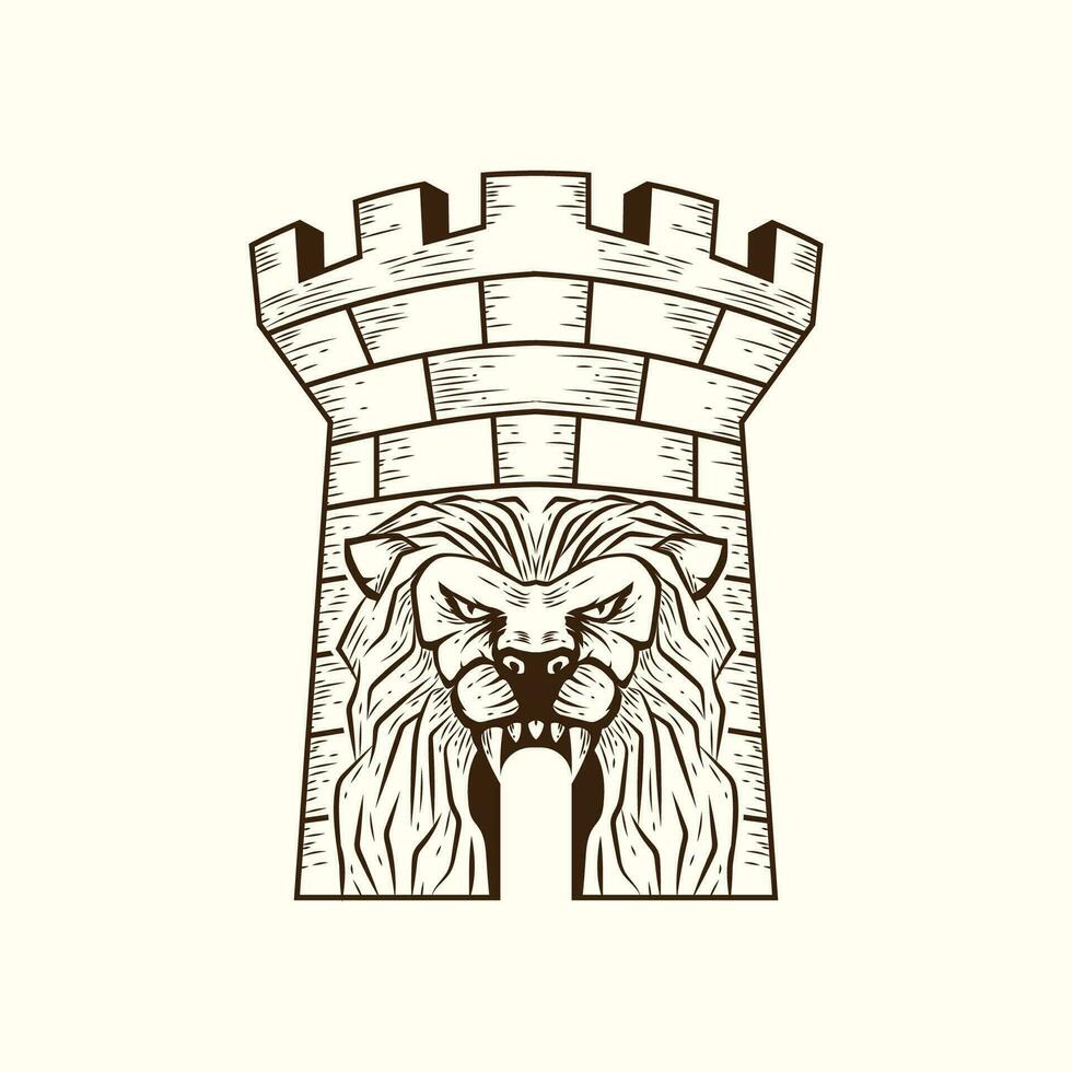 Löwe Schloss Logo Vorlage, Löwe Schloss Logo Elemente, Löwe Schloss Vektor Illustration