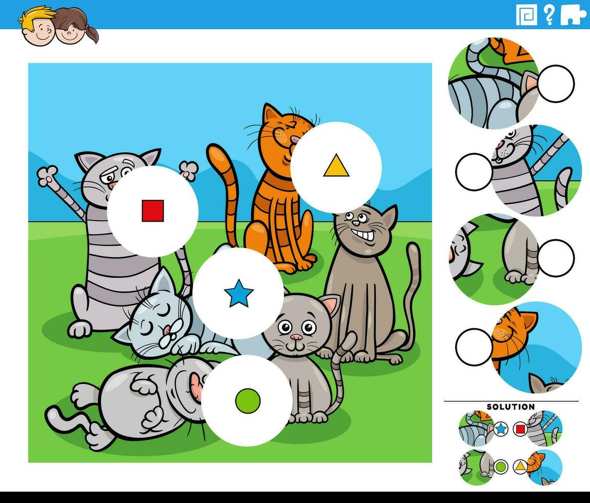 match de bitar pedagogisk spel med tecknad serie katter vektor
