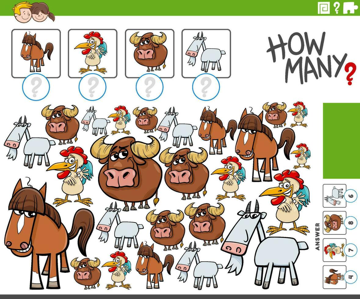 Wie viele Zählen Spiel mit Karikatur Bauernhof Tiere vektor