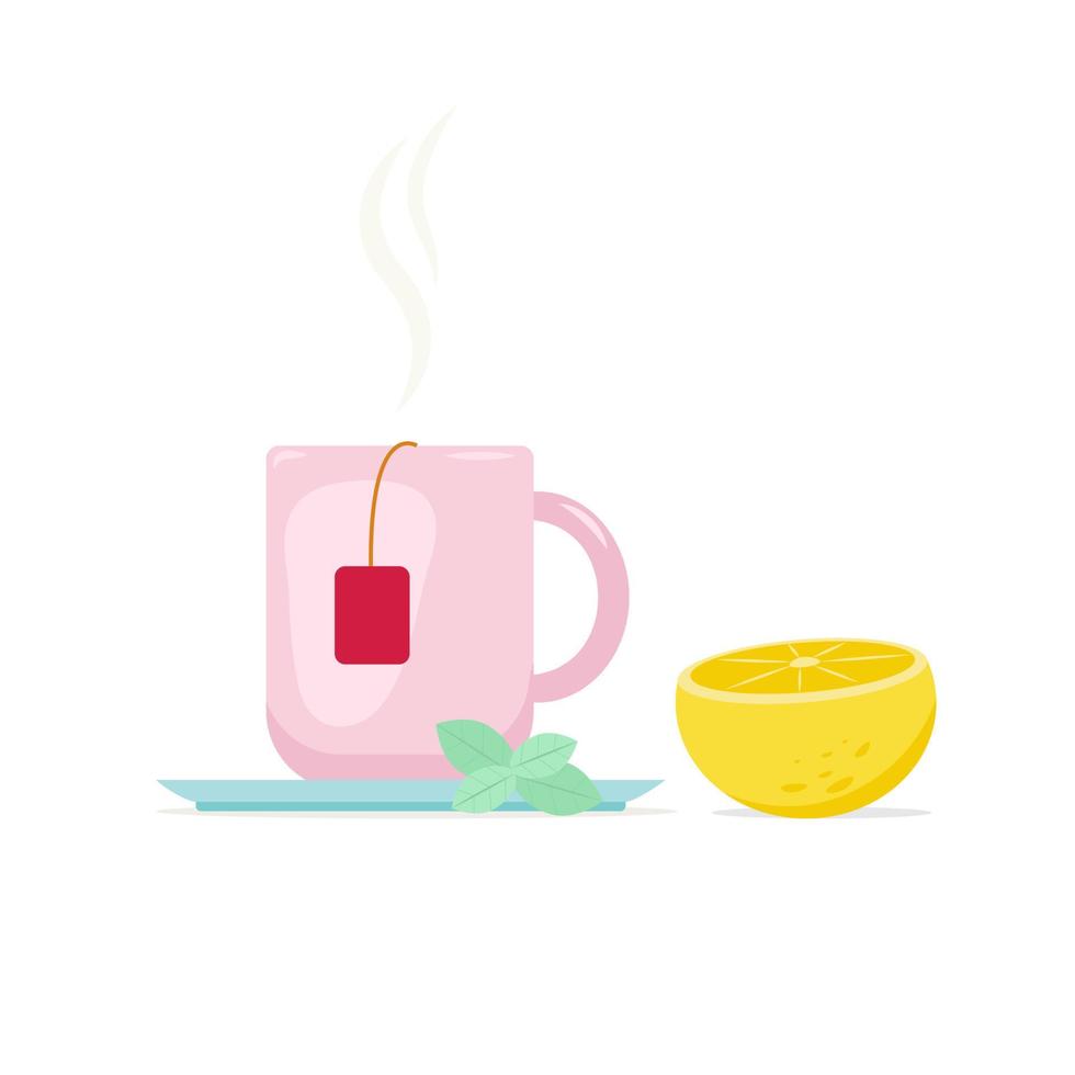 en mugg varmt te och en halv citron. vektor illustration i platt stil