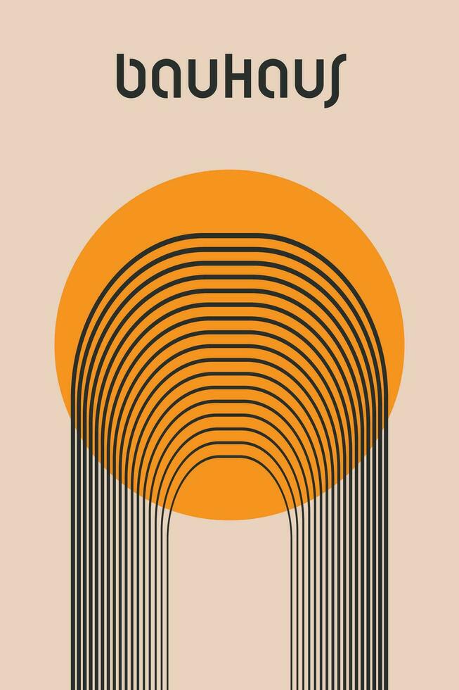 minimalistisch Jahrgang 20er Jahre geometrisch Design Poster. Bauhaus Poster, Vorlage mit Orange Kreis und Bogen geformt geometrisch Linien auf Licht Hintergrund. Mauer Kunst, Vorlage, Vektor. vektor