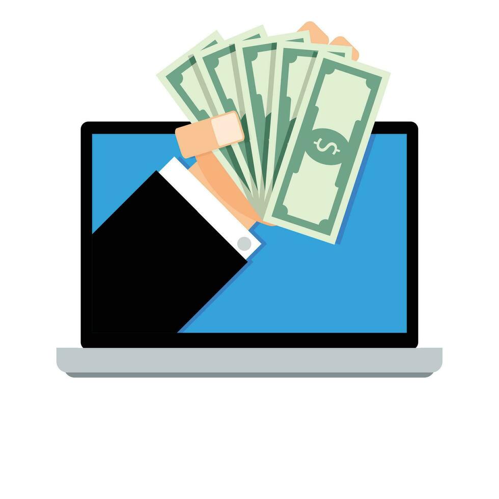 Gehalt online, Transaktion Banknote finanziell von Laptop. Vektor finanziell Einnahmen im Hand, online Darlehen und Vergütung Banknote Illustration