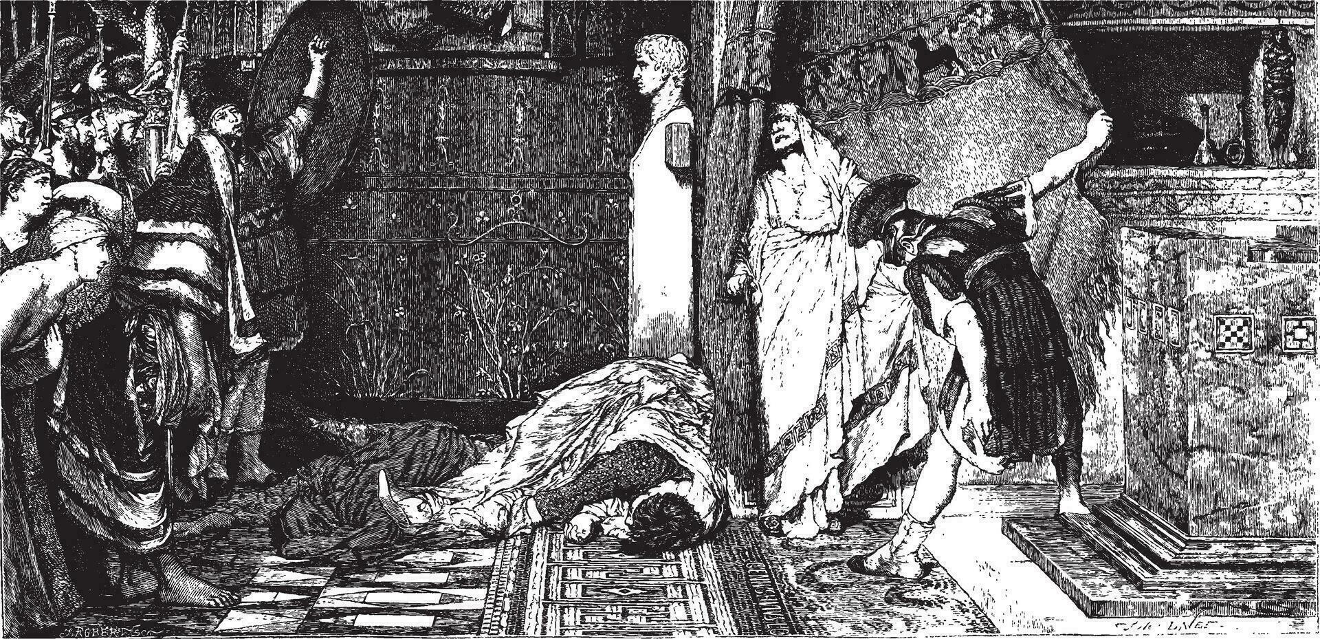 caligula och claude, målning förbi alma-tadema ser p 367. - teckning j. lavee, årgång gravyr. vektor