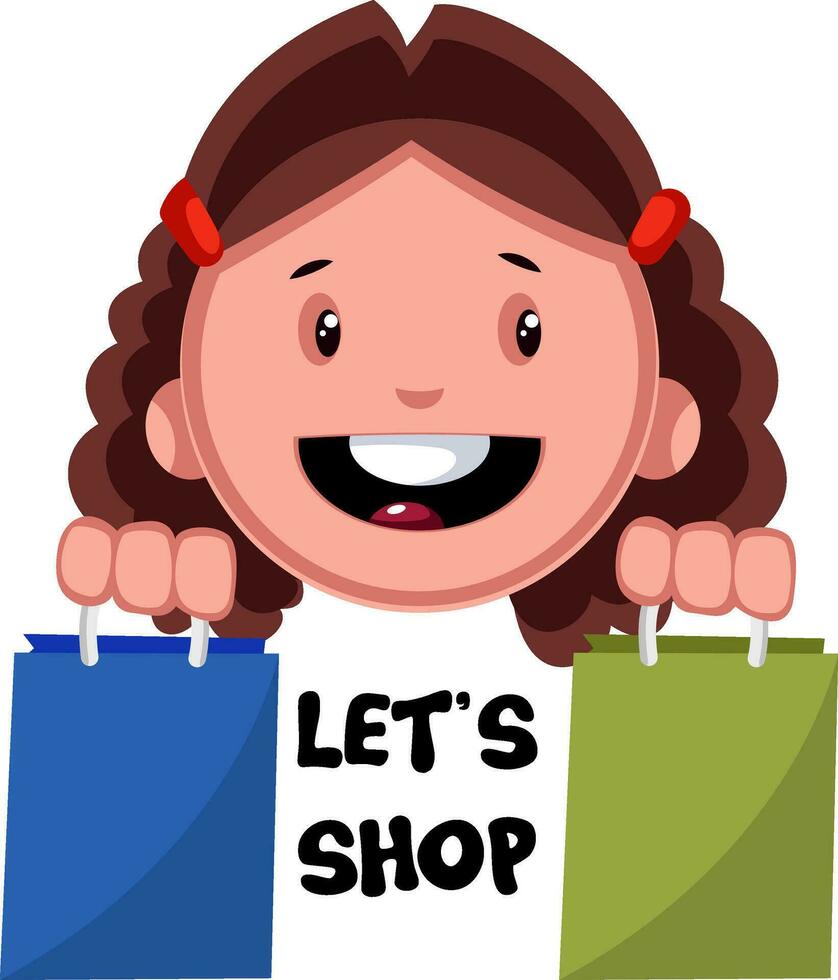 Lets Shop Girl Emoji, Illustration, Vektor auf weißem Hintergrund.