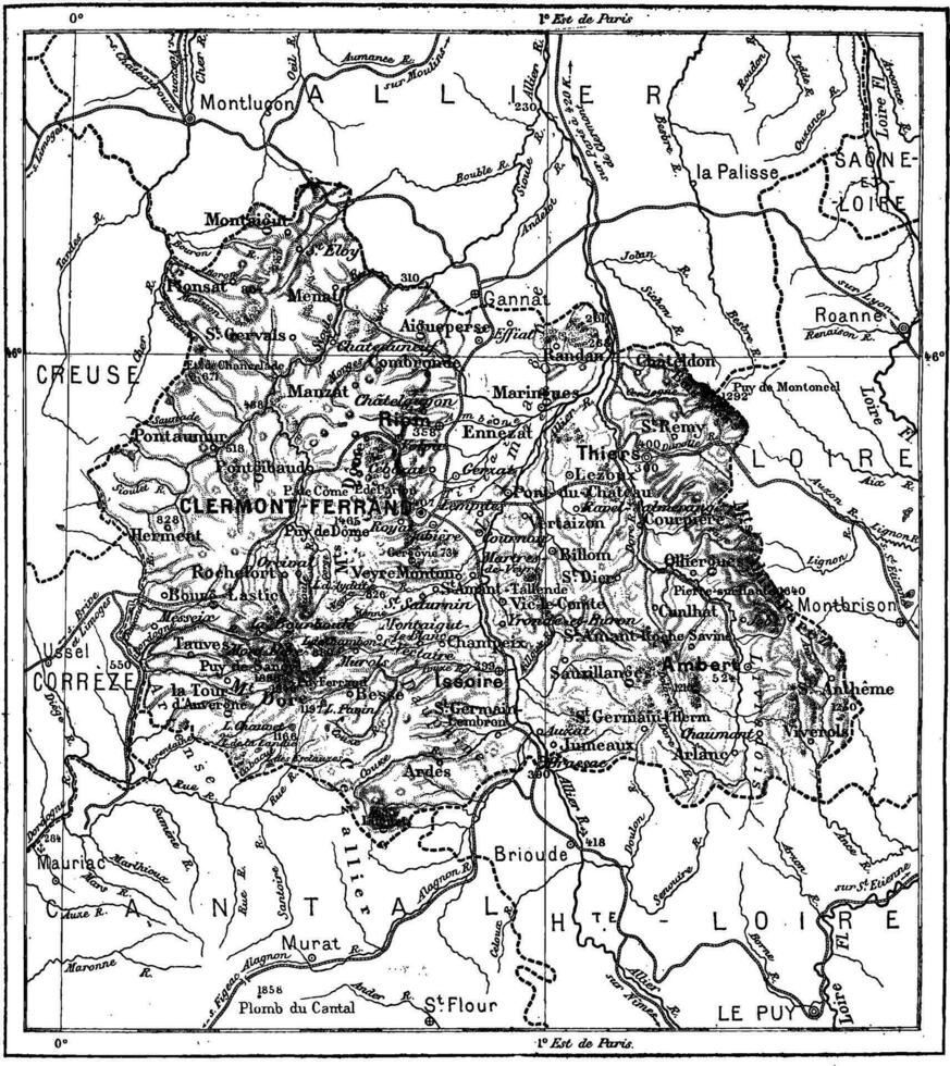 avdelning av puy-de-dome, Frankrike, årgång gravyr. vektor