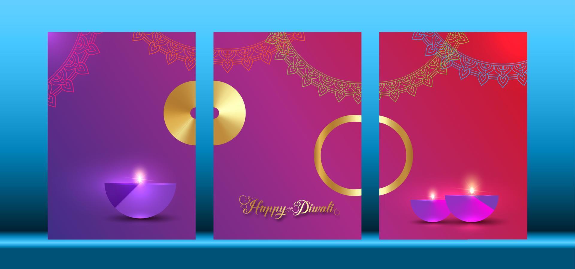 Happy Diwali Festival of Lights Indien Feier Set bunte Vorlage. vertikales Banner-Design von indischen Diya-Öllampen, modernes Design in lebendigen Farben. Vektor-indischer Kunststil, Hintergrund mit Farbverlauf vektor