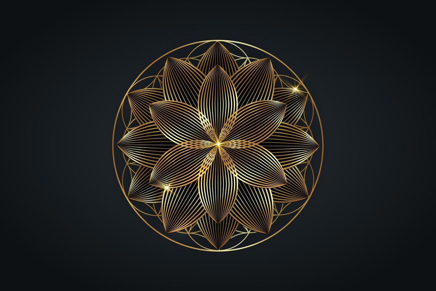 livets blomma, guld andlig mandala, helig geometri. ljus gyllene lotusymbol för harmoni och balans. mystisk talisman, lyxig rund vektor isolerad på svart bakgrund