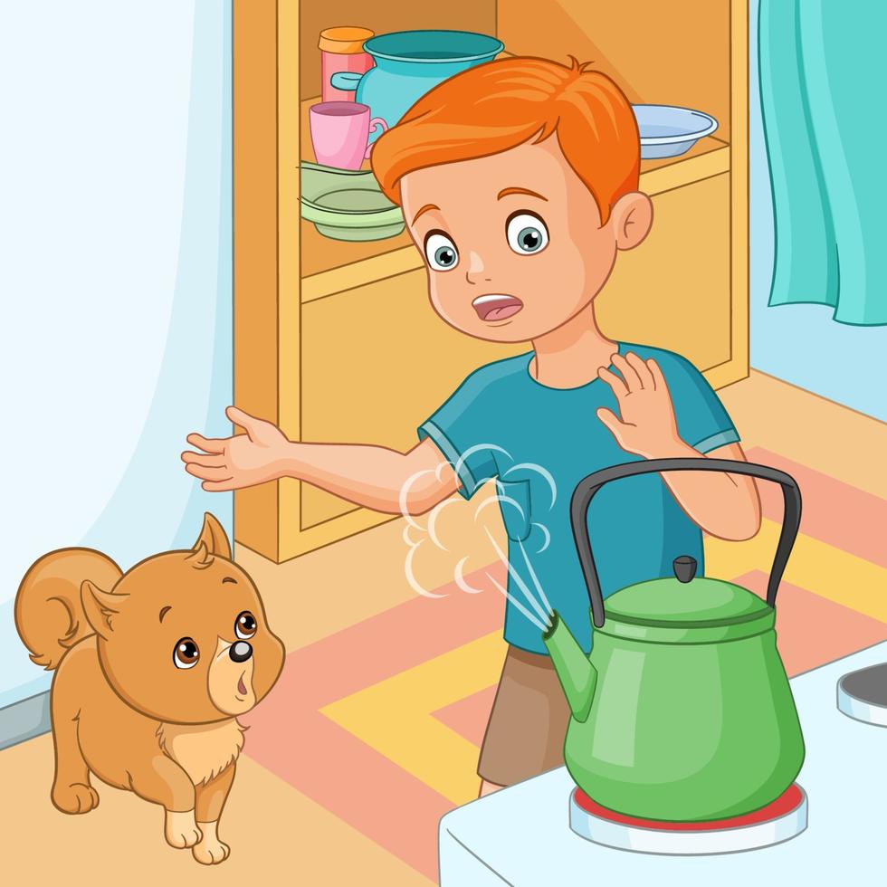 ung pojke är försiktig med varm vattenkokare vektor illustration