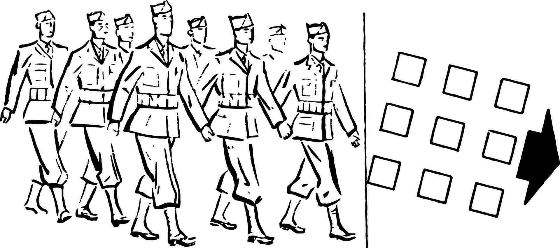 militär personal marscherande till de höger, årgång illustration. vektor