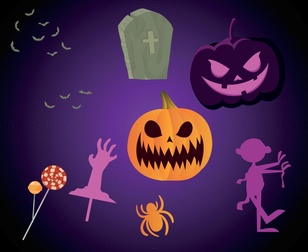 abstrakter Süßes oder Saures glücklicher Halloween-Kürbis-Objekte Grabfledermaus und Süßigkeitsspinne Feiertagsvektor vektor