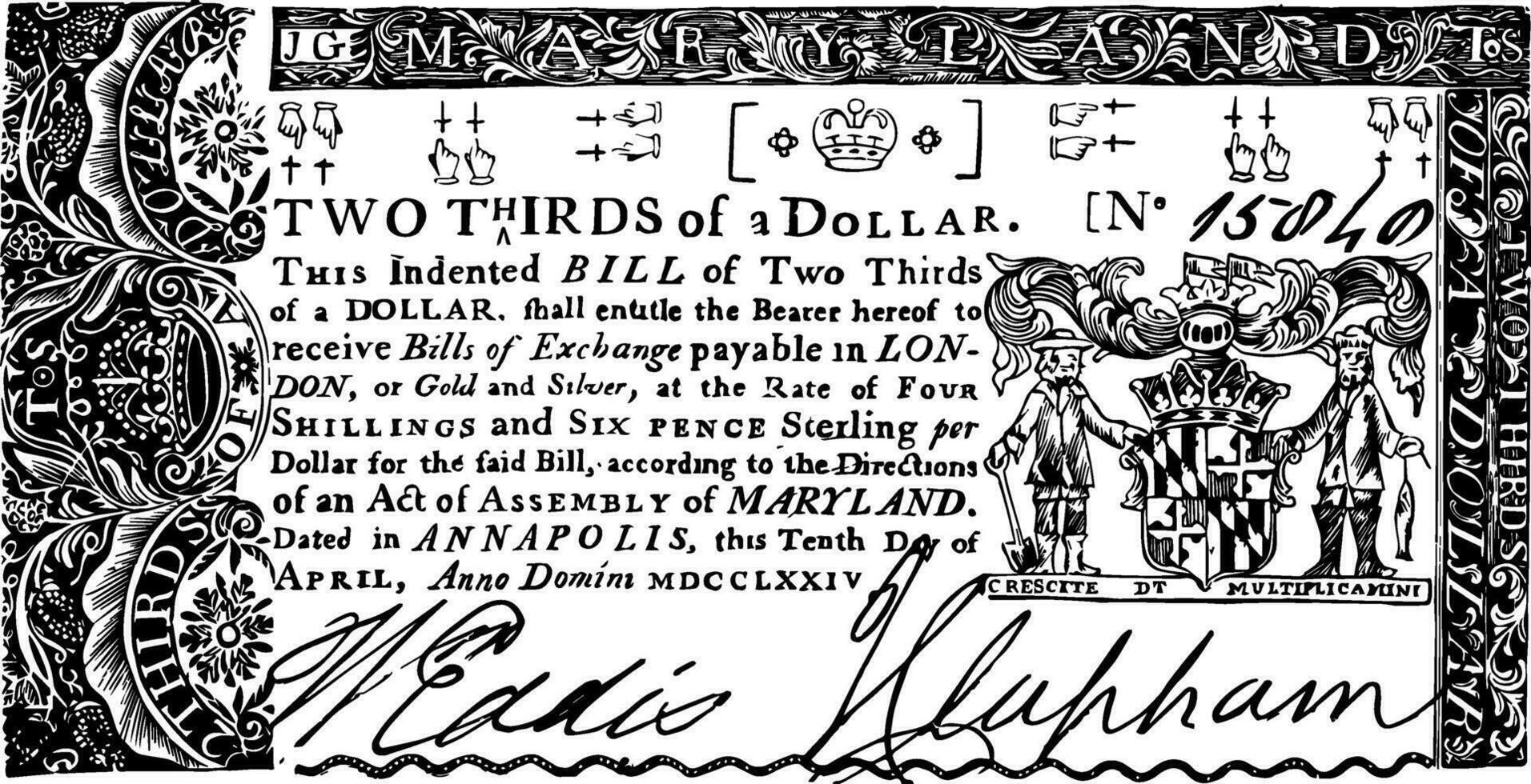 papper pengar, två tredjedelar av en dollar räkningen, 1774 årgång illustration. vektor
