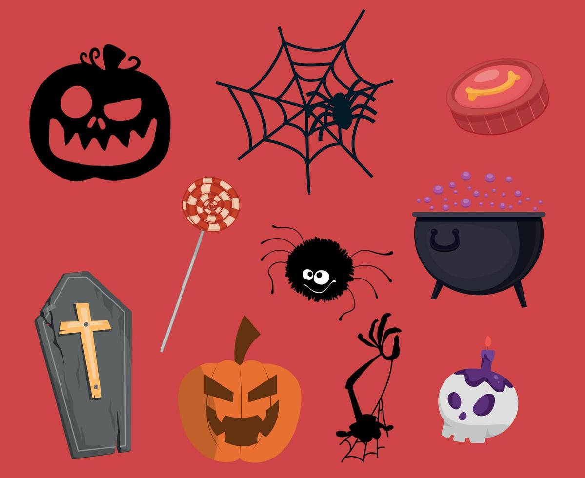 abstrakte glückliche Halloween-Objekte 31. Oktober Hintergrund mit Süßigkeiten Grab Kürbis Orange und Spinne Vektor