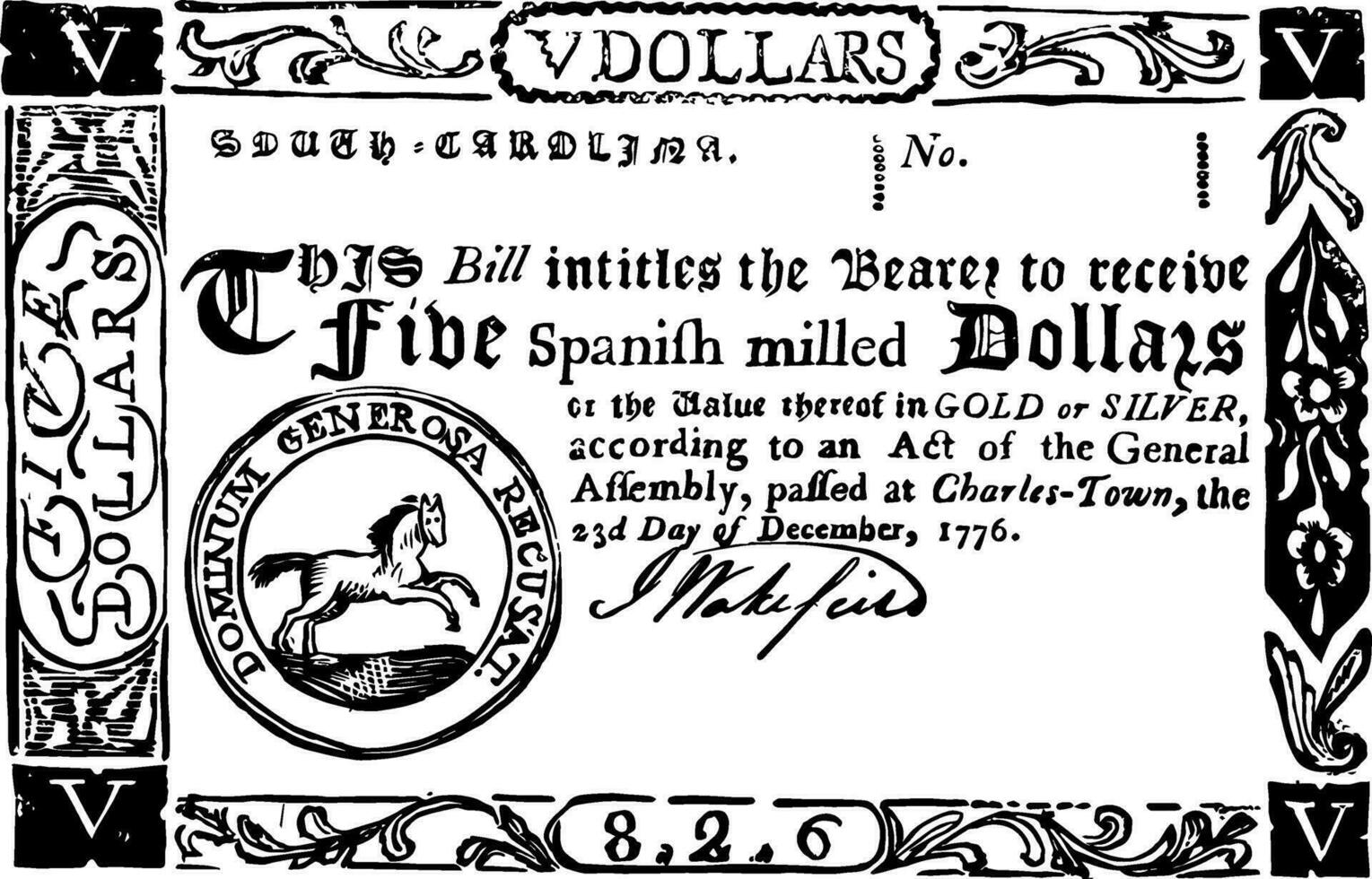 papper pengar, fem dollar räkningen, 1776 årgång illustration. vektor