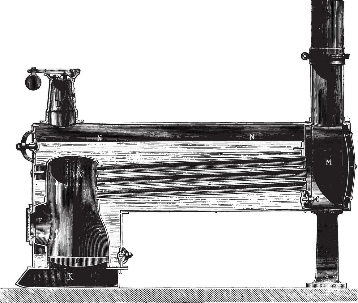 lokomobil panna inuti en Hem och horisontell rör rök, årgång gravyr. vektor