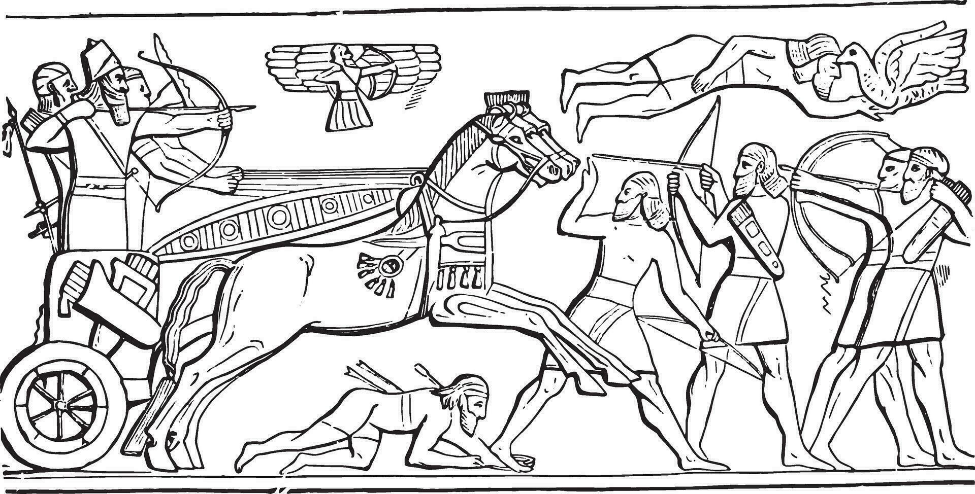 Assyrer König im Schlacht, Jahrgang Gravur. vektor