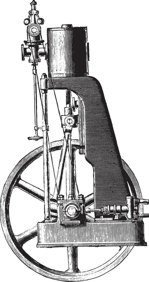 snabbt dubbel- verkande motor, tangye systemet. exteriör se, årgång gravyr. vektor