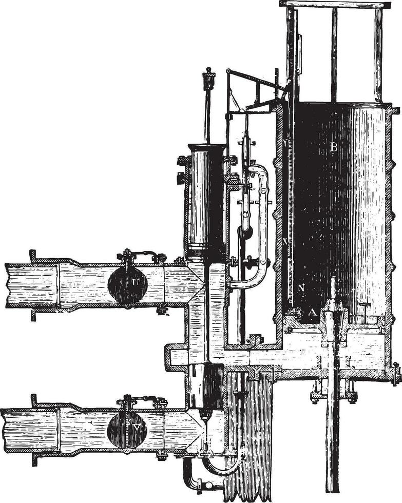 Wasser Säule Maschine, zuerst Zeitraum von das Verteilung, Jahrgang Gravur. vektor