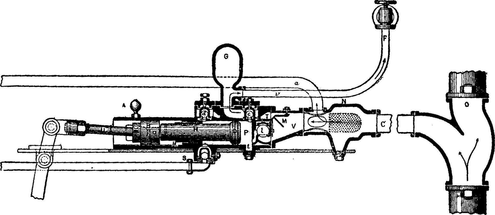 Sektion von das Injektor Pumpe Chiazzari, Jahrgang Gravur. vektor