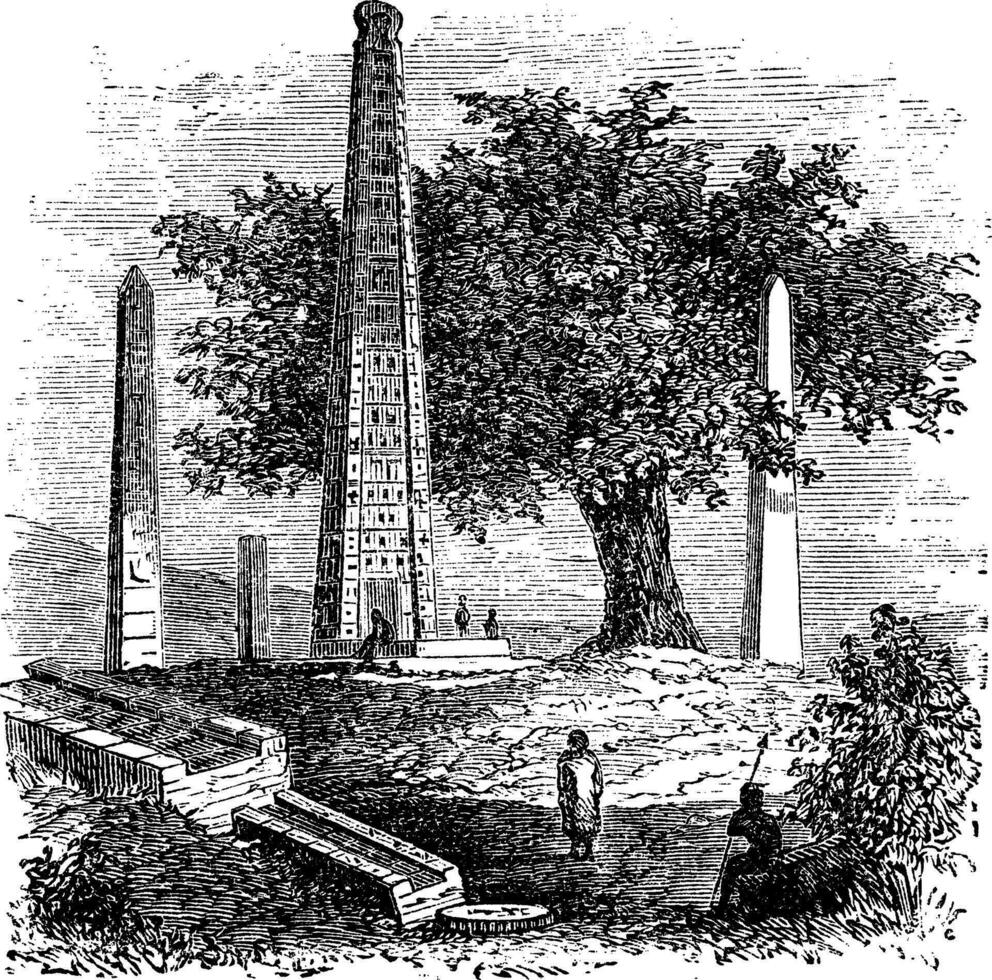 obelisk av axum eller rom stele, i tigray område, etiopien, under de 1890-talet årgång gravyr vektor