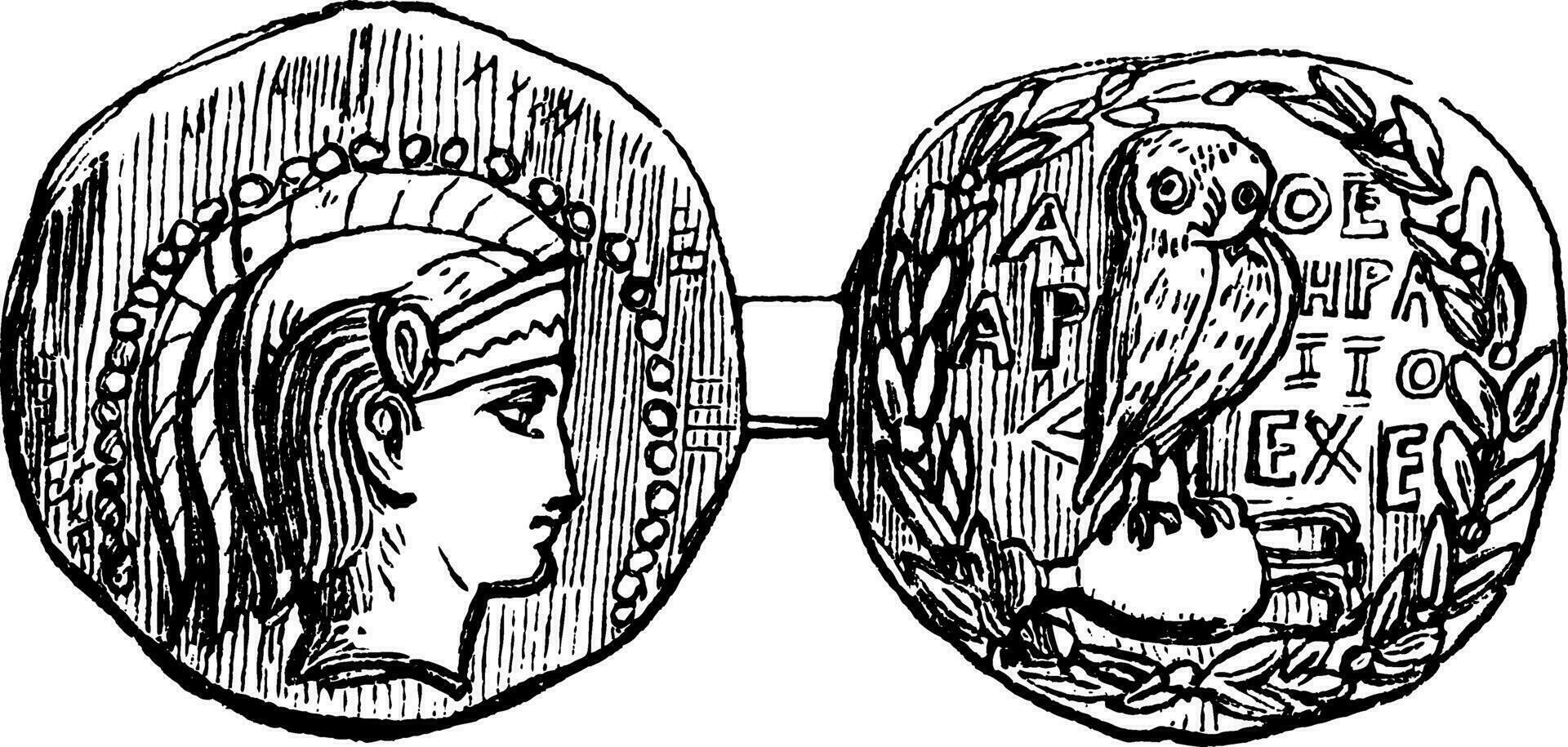 tetradrachm från aten eller grekisk silver- mynt, årgång gravyr vektor