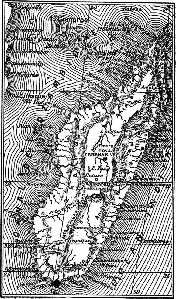 Karta av madagaskar årgång gravyr vektor