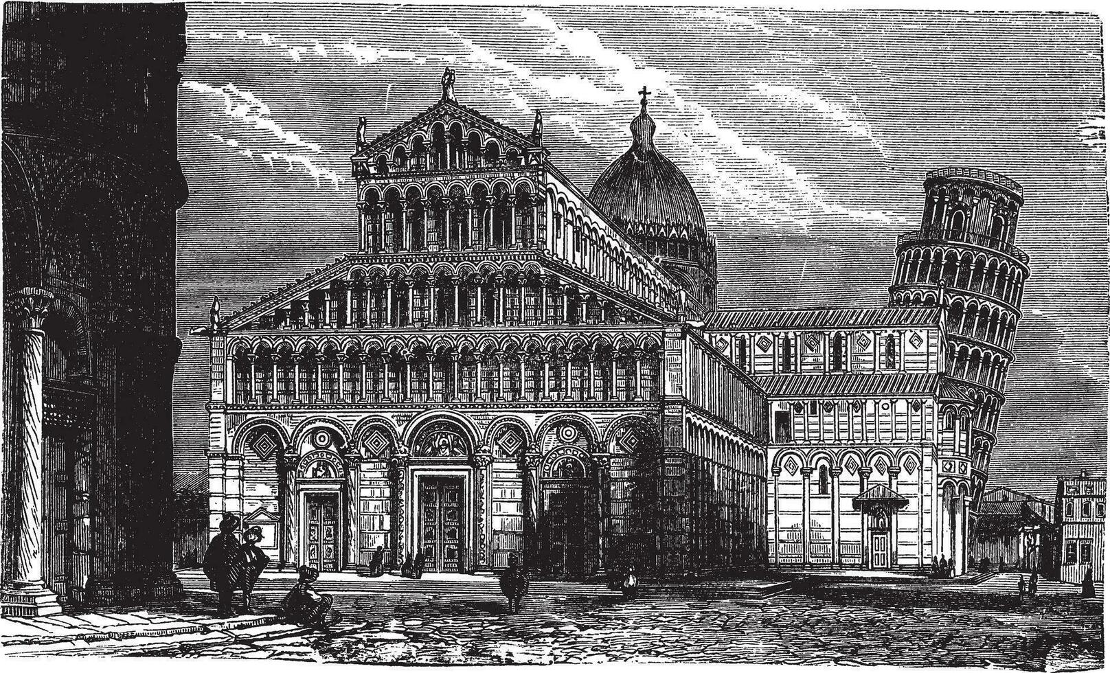 gelehnt Turm, Kathedrale und Baptisterium von Pisa, Jahrgang Gravur. vektor