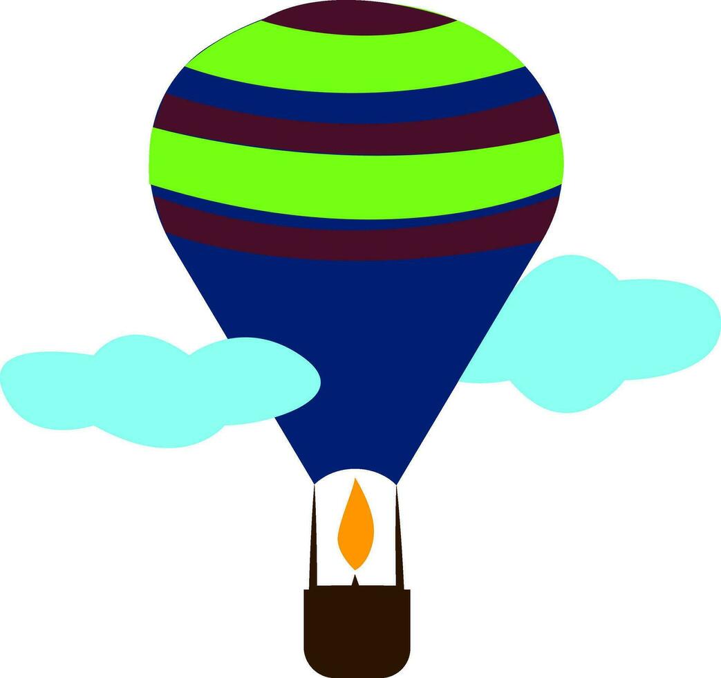varm luft ballong med en brun korg och blå grön och lila ballong vektor illustration på vit bakgrund.