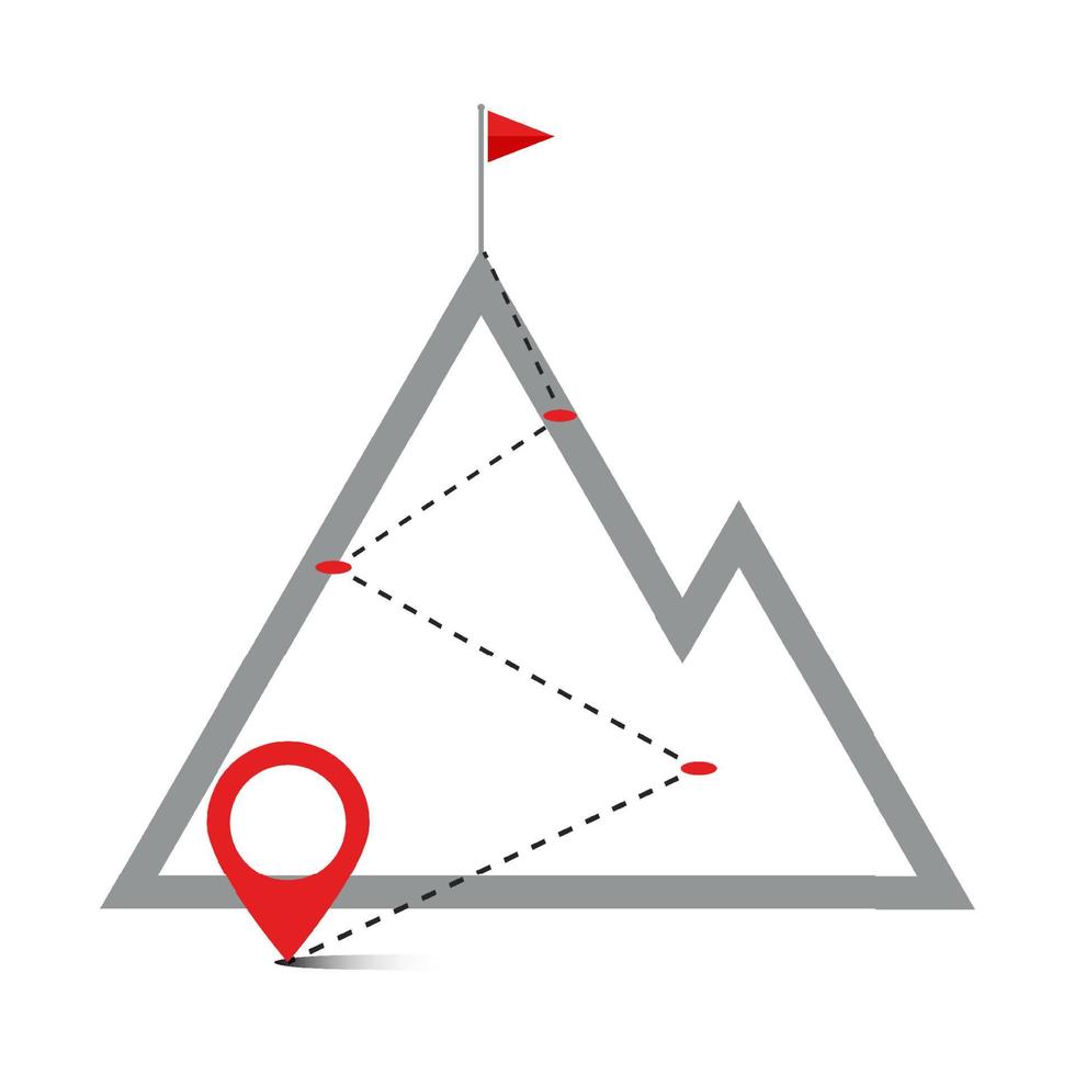 Route auf einem Hügel mit Navigationspins, Flagge auf dem Berg vektor