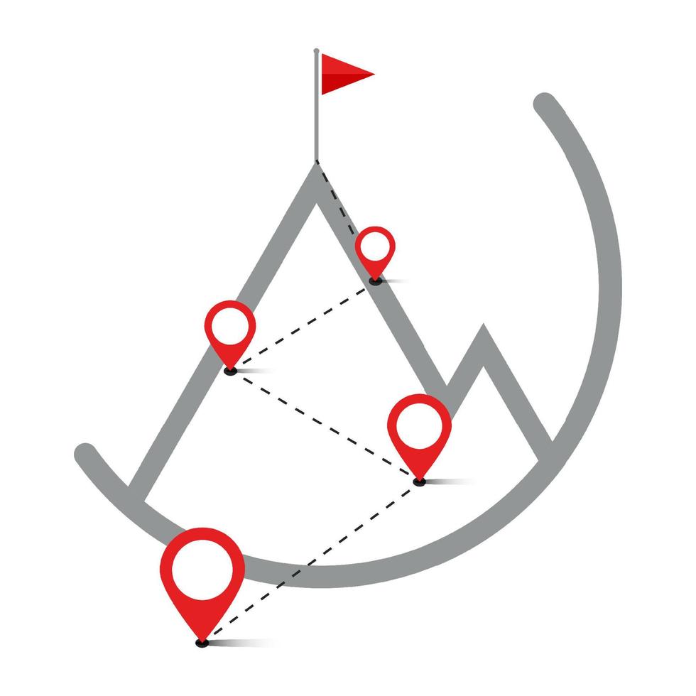 Route auf einem Hügel mit Navigationspins, Flagge auf dem Berg vektor