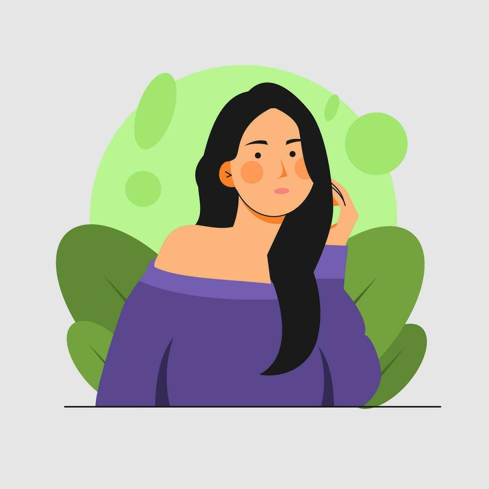 platt illustration av en kvinna med lång svart hår Sammanträde på en grön växt vektor