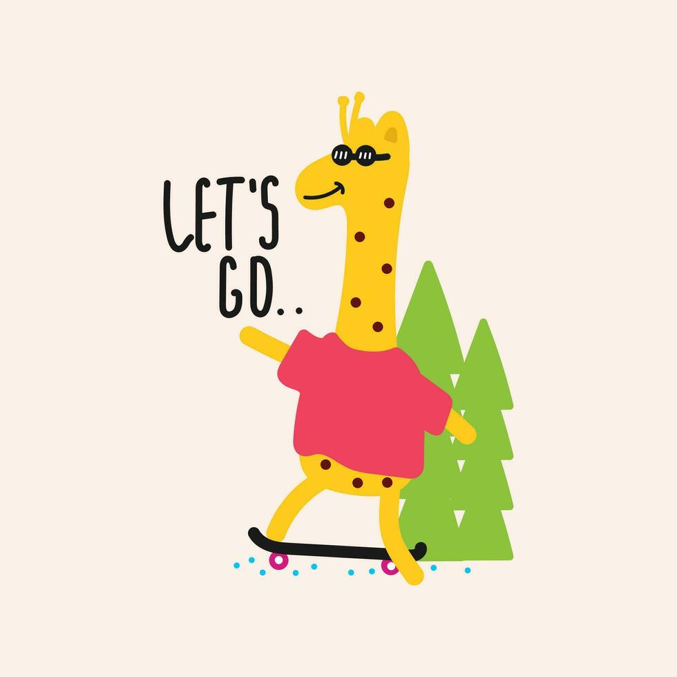 söt giraff spelar skateboard, hand dragen illustration för för tyg, textil- och skriva ut vektor