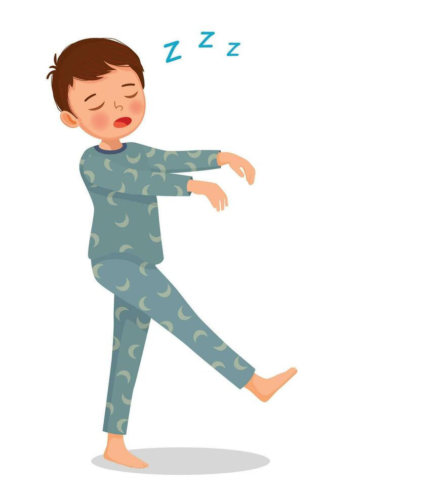 söt liten pojke i pyjamas sömnpromenader på natt vektor