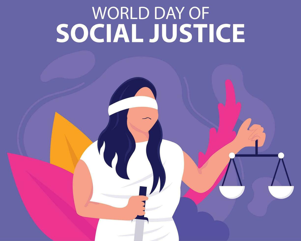 Illustration Vektor Grafik von ein Frau Tragen ein Schwert und Balance mit ihr Augen bedeckt mit Tuch, perfekt zum International Tag, Welt Sozial Gerechtigkeit, zelebrieren, Gruß Karte, usw.