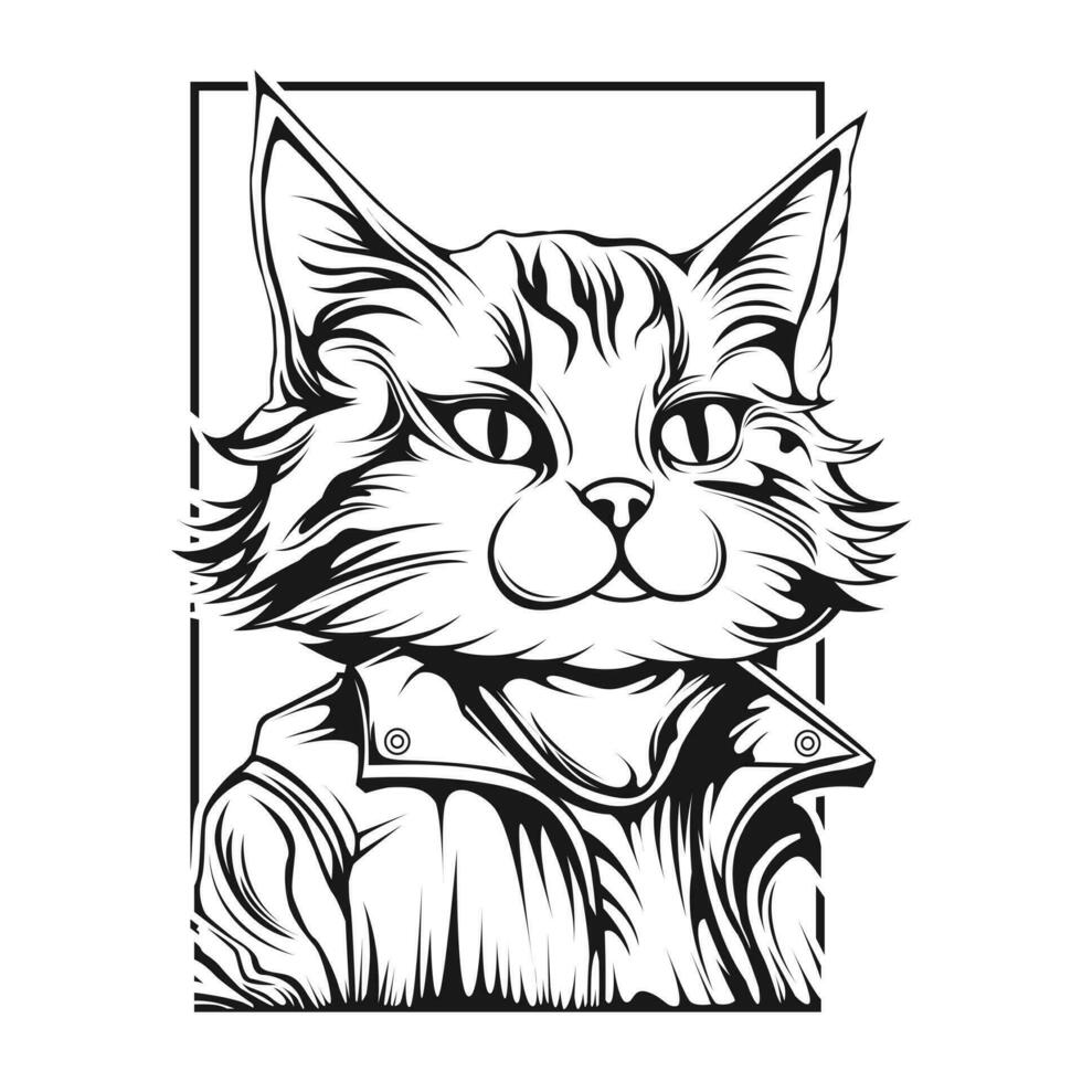 svart och vit teckning av en katt med en jacka vektor