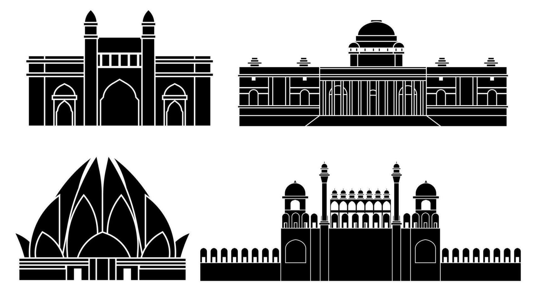 Indien landmärke svart silhuett vektor illustration, uppsättning isolerat på vit bakgrund.