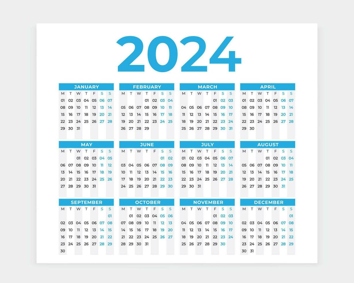 2024 Kalender, Kalender 2024, 2024, Kalender Design, Mauer Kalender, Mauer Kalender 2024, Schreibtisch Kalender, Englisch Kalender, Urlaub vektor