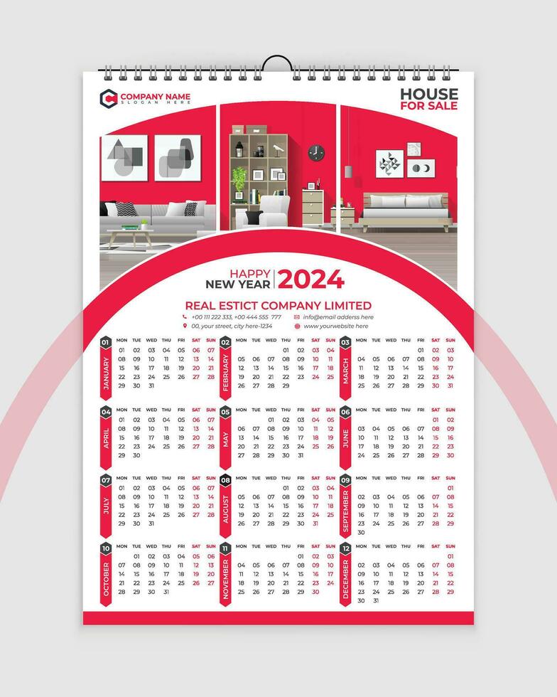 vägg kalender 2024 - ett sida kalender design - enda sida kalender - 12 månader kalender design vektor
