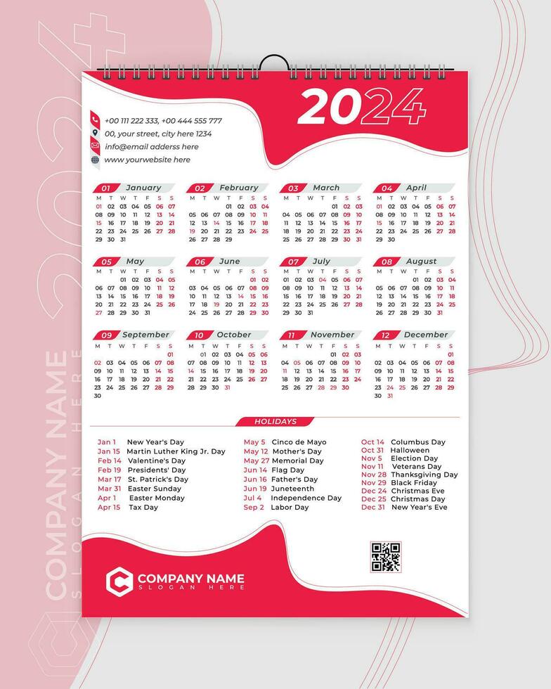 2024 kalender, kalender 2024, 2024, kalender design, vägg kalender, vägg kalender 2024, skrivbord kalender, engelsk kalender, Semester vektor