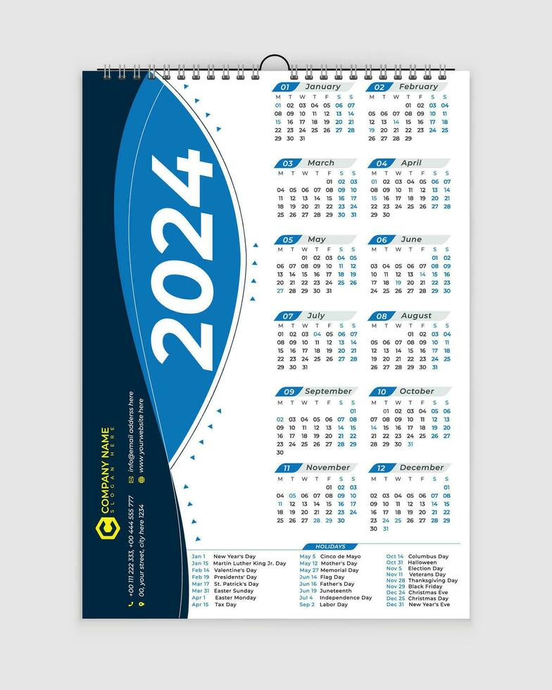 2024 Mauer Kalender, 2024 Kalender, Kalender Design, Mauer Kalender, Schreibtisch Kalender, Englisch Kalender, Urlaub vektor