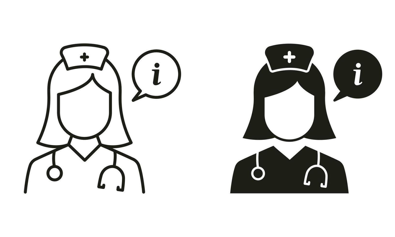 medicinsk ofta frågade frågor. apotekare, läkare samråd symbol samling. medicin information från sjuksköterska, läkare linje och silhuett svart ikon uppsättning. isolerat vektor illustration.