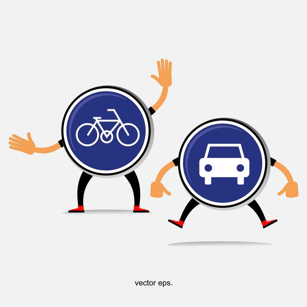 två tecknad serie tecken är innehav upp en tecken den där säger, cykel och bil vektor
